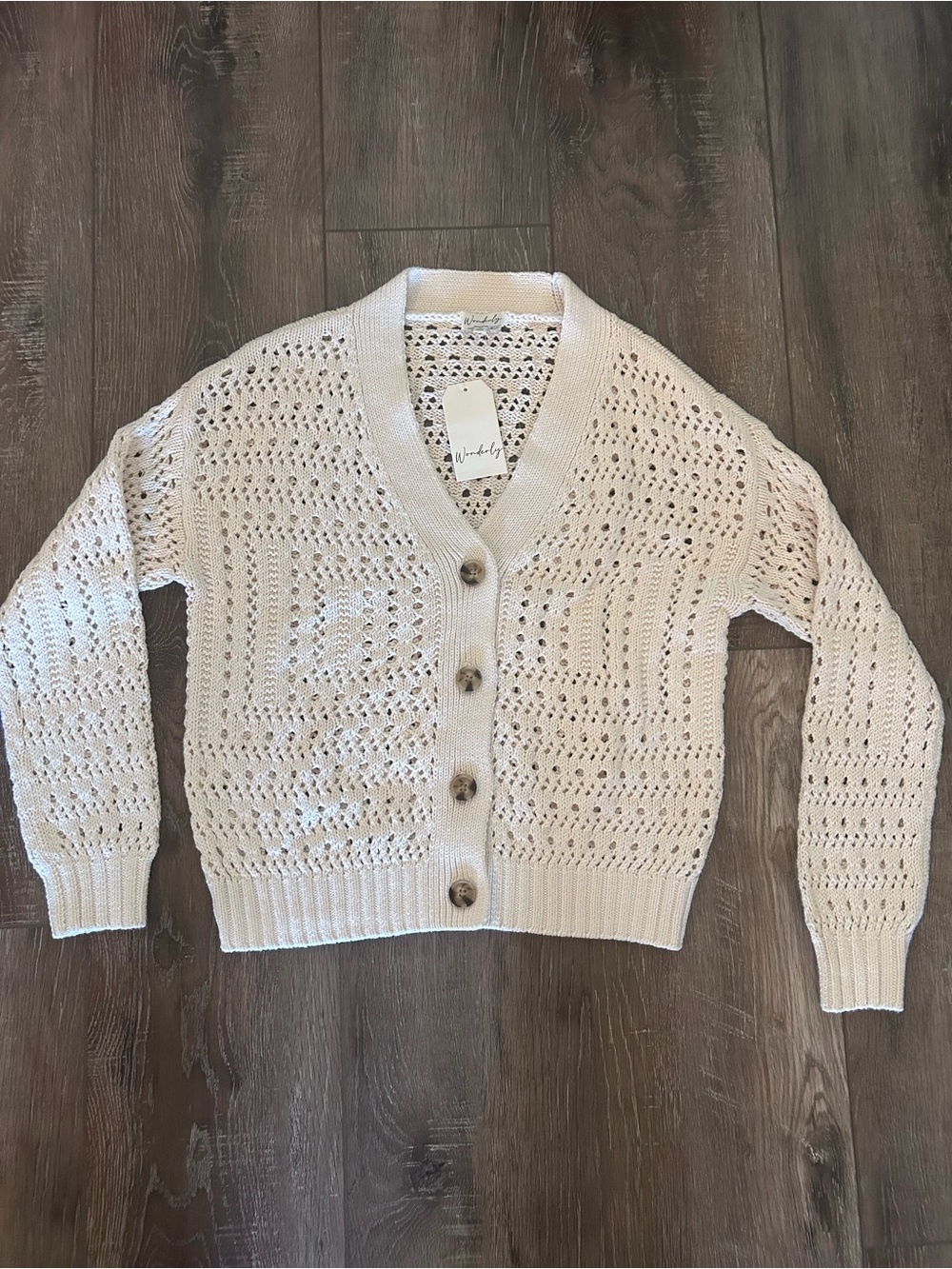 Brand New Wonderly Women's Cream Open-Knit Button Down Sweater Size Medium